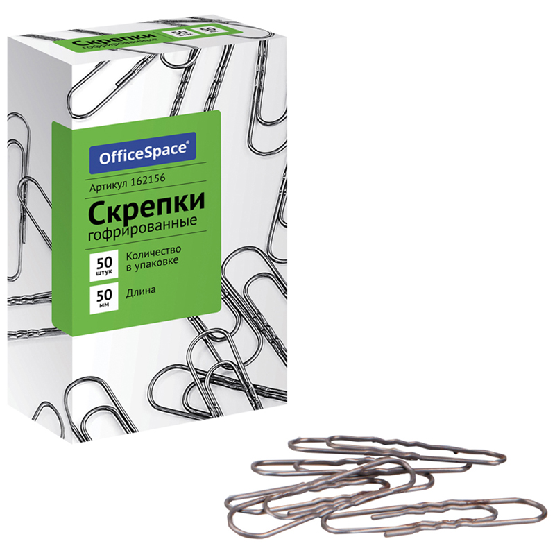 Скрепки 50мм, OfficeSpace, 50шт., гофрированные, карт. упаковка 371629