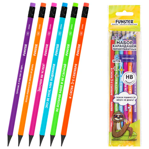 Набор карандашей чернографитных с мемной надписью FUNSTER (ФАНСТЕР) FUNNY NOTES CLRD, 6 штук, HB, с ластиком, 182040 - МСК «Форвард»