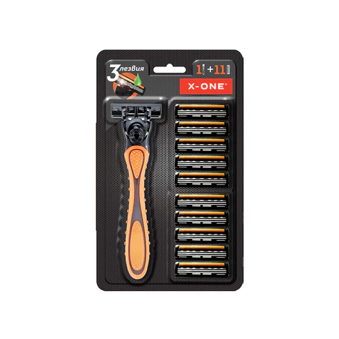 Бритвенный станок многоразовый мужcкой, 3 лезвия, 11 кассет, оранжевый, X-ONE, 700023 - МСК «Форвард»