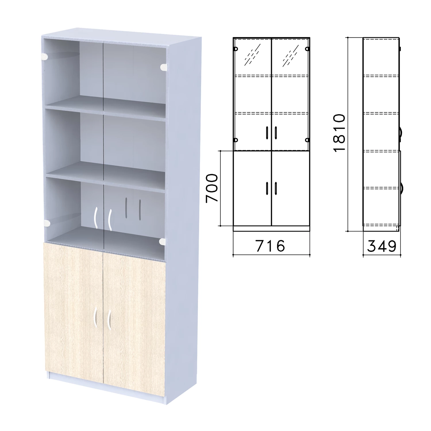 Шкаф закрытый со стеклом "Бюджет", 716х349х1810мм, дуб шамони светлый (КОМПЛЕКТ)