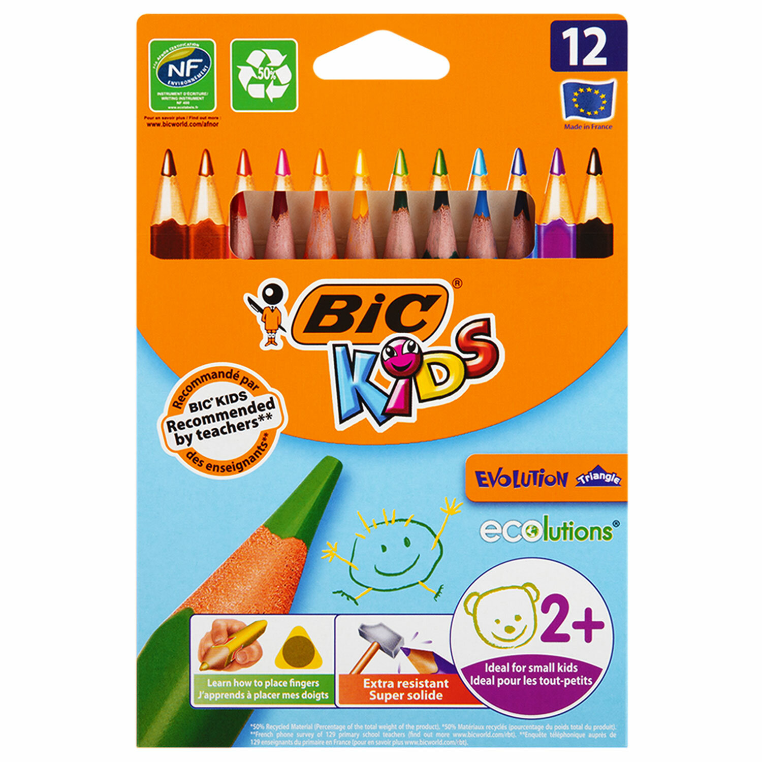 Карандаши цветные утолщенные BIC "Kids Evolution Triangle", 12 цв, пластик, трехгранные, 8297356 180344