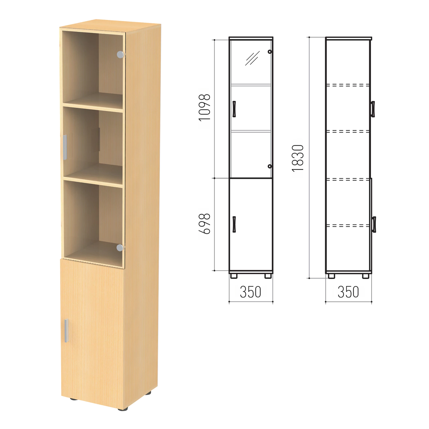 Шкаф закрытый со стеклом "Канц", 350х350х1830мм, цвет бук (КОМПЛЕКТ) 980023