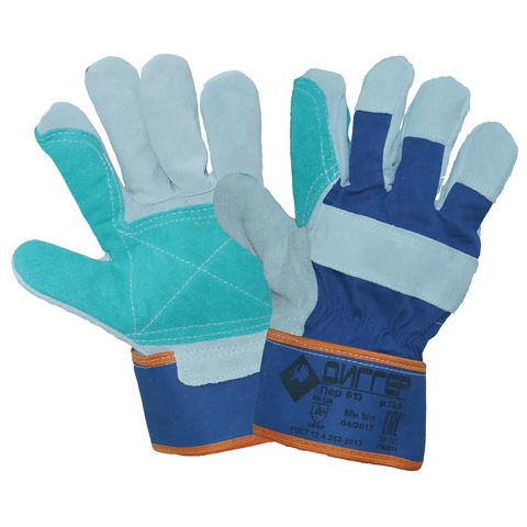 Перчатки спилковые комбинированные ДИГГЕР, усиленные, размер 10,5, XL (очень большой), серые/зеленые, ПЕР613 608544