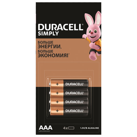 Батарейки КОМПЛЕКТ 4 шт. (отрывной блок), DURACELL Simply ОРИГИНАЛ, AAA (LR03,24А), алкалиновые, мизинчиковые, Б0046869 455044 - МСК «Форвард»