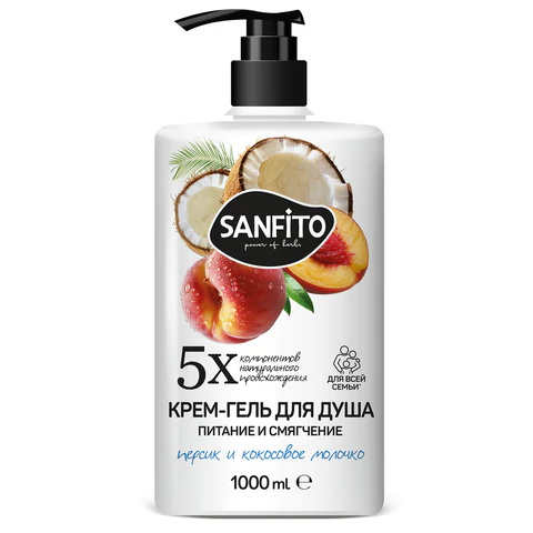 Гель для душа 1л, SANFITO "Персик и молочко", питание и смягчение, 25464 701227 - МСК «Форвард»