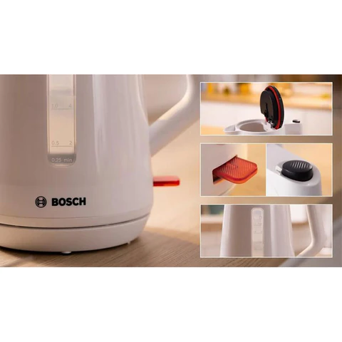 Чайник BOSCH TWK1M121, 1,7 л, 2400 Вт, закрытый нагревательный элемент, пластик, белый 458593 - МСК «Форвард»