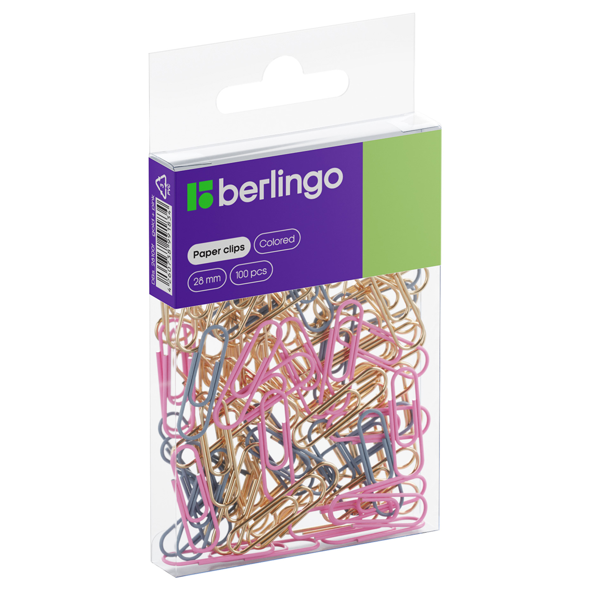 Скрепки 28мм, Berlingo, 100шт., цветные, ПВХ упак., европодвес, розовый+золотой DBs_28100f  330190