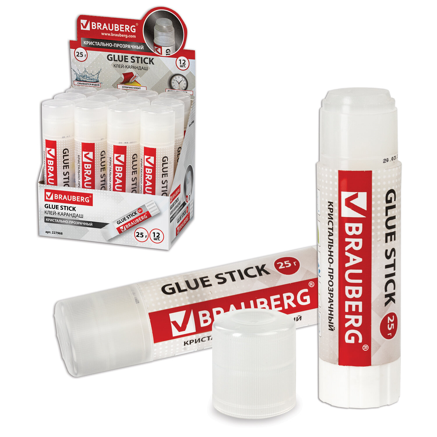 Клей-карандаш BRAUBERG "Crystal", 25 г, прозрачный, 227968 PVP