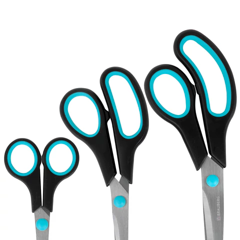 Ножницы BRAUBERG SOFT GRIP, НАБОР 3 штуки (140, 190, 230 мм), эргономичные черно-бирюзовые ручки, ВЫГОДНАЯ УПАКОВКА, 238411 - МСК «Форвард»