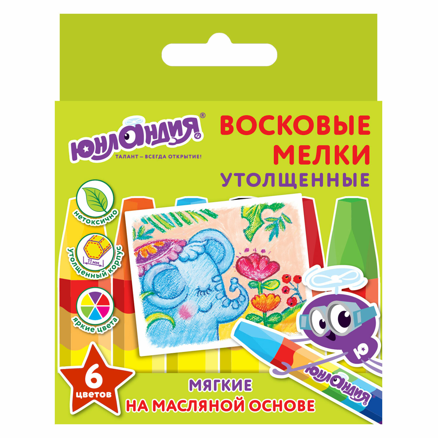 Восковые мелки утолщенные ЮНЛАНДИЯ "ЮНЛАНДИК И ИНДИЙСКИЙ СЛОН", НАБОР 6 цв., масляная основа, 227296
