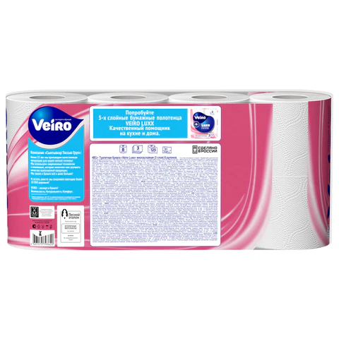 Бумага туалетная быт., спайка 8 шт., 3-х слойная, (8х17 м), VEIRO Luxoria, белая, 5с38, 128029 - МСК «Форвард»