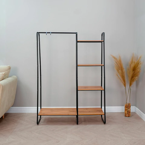 Вешалка-стеллаж ZMI "Скандинавия-1", 1470х1100х385 мм, 5 полок, металл/ЛДСП, черная/дуб, ГСС1 Ч 700930 - МСК «Форвард»