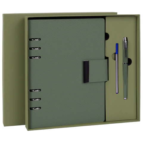 Ежедневник на кольцах в наборе с ручкой А5, 165x229 мм, BRAUBERG "Lux", под кожу, 100 листов, зеленый, 116858 - МСК «Форвард»