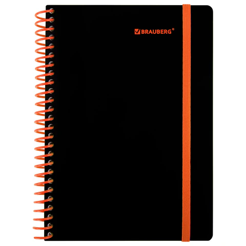 Тетрадь обложка пластик, А5 80 л., спираль пластик, резинка, клетка, BRAUBERG, черный/оранжевый, 405386