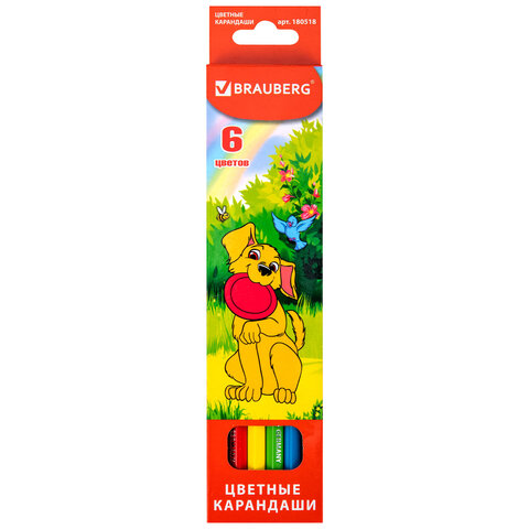 Карандаши цветные BRAUBERG "My lovely dogs", 6 цв., заточенные, карт. упак., 180518