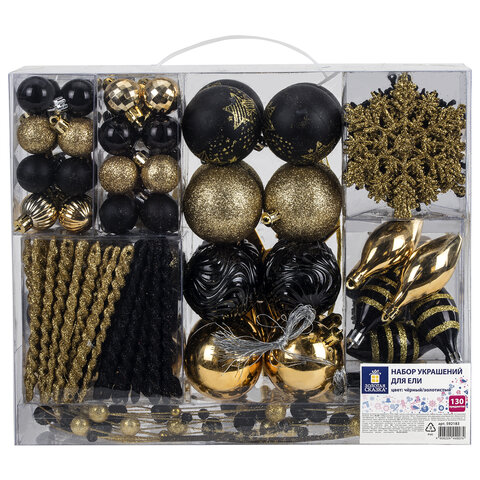Шары новогодние ёлочные "Black&Gold", НАБОР 130 предметов, черный/золото, пластик, ЗОЛОТАЯ СКАЗКА, 592183 - МСК «Форвард»