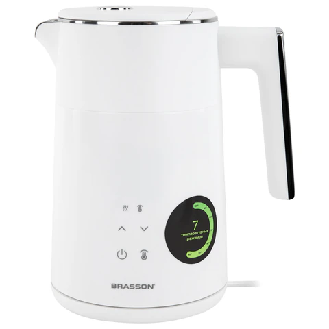 Чайник с двойными стенками, терморегулятором и дисплеем BRASSON (БРАССОН) KT-264, 1,5 л, 2200 Вт, 7 температурных режимов, белый, 455193