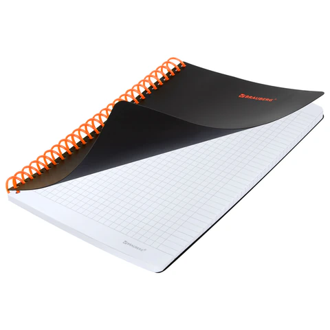 Тетрадь обложка пластик, А5 80 л., спираль пластик, резинка, клетка, BRAUBERG, черный/оранжевый, 405386 - МСК «Форвард»
