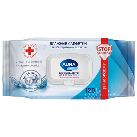 Салфетки влажные 120 шт., AURA Family, антибактериальные, для всей семьи, крышка клапан, 92342, 14622 117687 - МСК «Форвард»