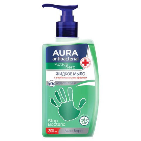 Мыло-крем жидкое 300 мл, AURA "Antibacterial", антибактериальное, "Экстракт алоэ", дозатор,602461