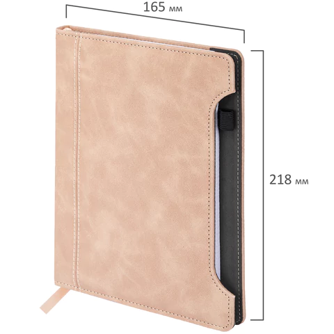 Блокнот А5 165x218 мм, BRAUBERG "Perfect", под кожу софт-тач, держатель для ручки, 80 листов, клетка, бежевый, 116617 - МСК «Форвард»