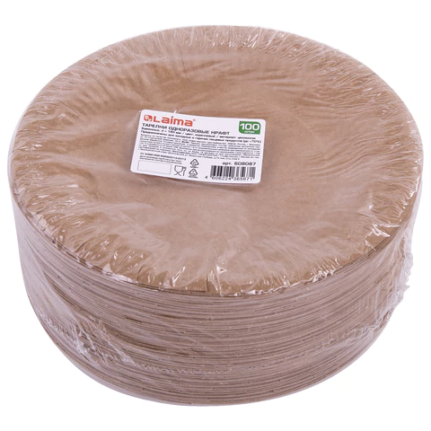 Тарелка одноразовая крафт бумажная 180 мм, КОМПЛЕКТ 100 штук, LAIMA ECO CRAFT, 608087 - МСК «Форвард»