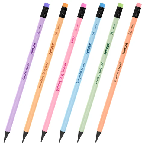 Набор карандашей чернографитных с мотивирующей надписью FUNSTER (ФАНСТЕР) FUNNY NOTES PSTL, 6 штук, HB, с ластиком, 182041 - МСК «Форвард»