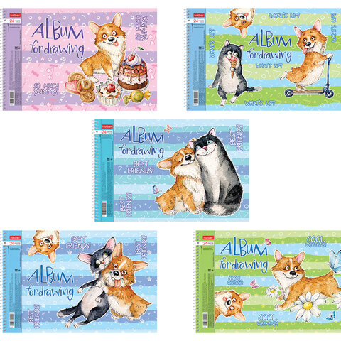 Альбом для рисования А4 24л., спираль, обложка картон, HATBER, 205х290мм, Корги (5 видов в спайке), 24А4Всп 113075