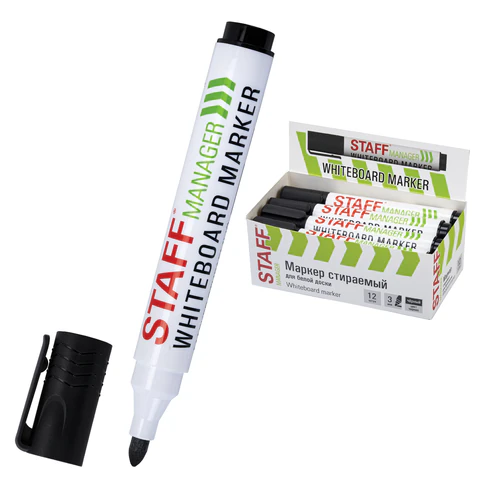 Маркер стираемый для белой доски, ЧЕРНЫЙ, STAFF "MANAGER" WBM-300, 3 мм, с клипом, 152636 - МСК «Форвард»