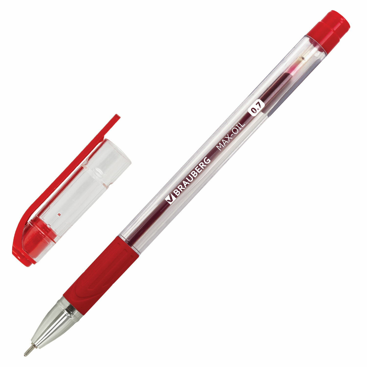 Ручка шариковая масляная с грипом BRAUBERG Max-Oil, КРАСНАЯ, игольч.узел 0,7мм, линия 0,35мм, 142143