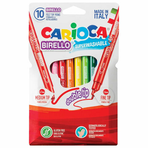 Фломастеры двухсторонние CARIOCA (Италия) "Birello", 10 цв., 2 пиш.узла 2,5 и 5 мм, суперсмыв, 41438  150143