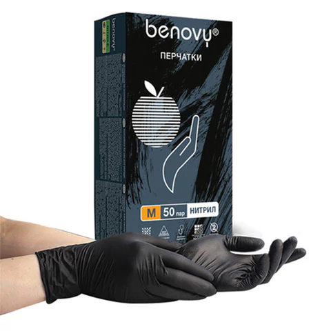 Перчатки нитриловые смотровые 50 пар (100 штук), размер 7-8, M (средний), черные, BENOVY MultiColor, К 631625 ЧЕСТНЫЙ ЗНАК