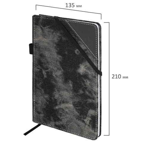 Блокнот А5 135x210 мм BRAUBERG "Denim", ткань/экокожа, резинка, держатель, 80 л., клетка, черный, 117140 - МСК «Форвард»