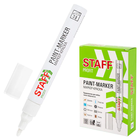 Маркер-краска лаковый (paint marker) 2-4 мм, БЕЛЫЙ, НИТРО-ОСНОВА, STAFF PROFIT, для любых поверхностей, 152577