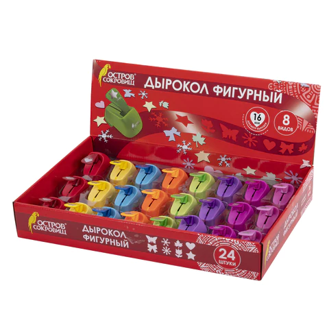 Дырокол фигурный, диаметр вырубки 16 мм, НАБОР 24 шт ассорти, ОСТРОВ СОКРОВИЩ, 665225