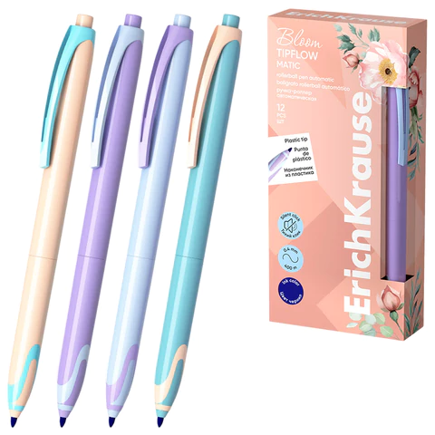 Ручка-роллер автоматическая ERICH KRAUSE "TipFlow Pastel Bloom", СИНЯЯ, корпус ассорти, 0,4 мм, 63705 144581