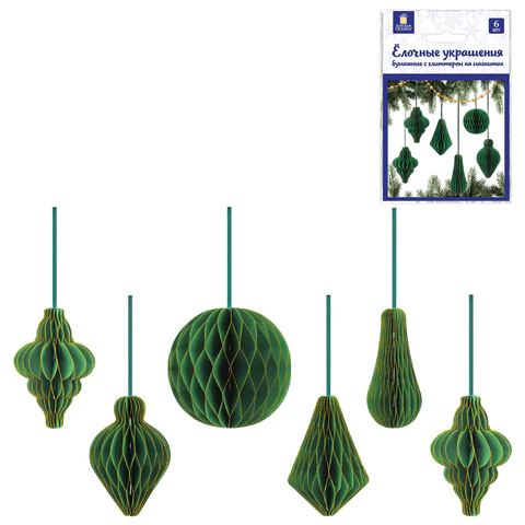 Елочные украшения из бумаги, НАБОР 6 шт., с глиттером, цвет изумрудный, ЗОЛОТАЯ СКАЗКА, 592541