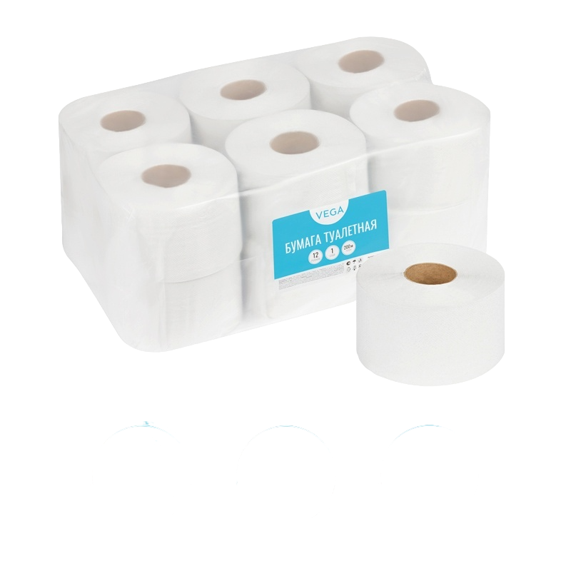 Бумага туалетная Vega Professional, 1-сл., КОМПЛЕКТ 12рул 200м/рул., белая 338705