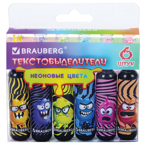 Набор текстовыделителей 6 НЕОНОВЫХ ЦВЕТОВ, кросс-серия МОНСТРИКИ, линия 1-5 мм, BRAUBERG, 152621 - МСК «Форвард»