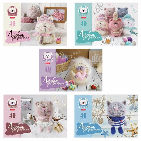 Альбом д/рис. А4 40л., скоба, обложка картон, HATBER, 205х290мм, Уютные котики (5 видов), 40А4В 106535