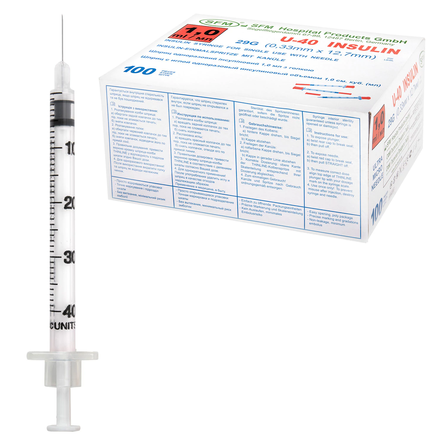 Шприц инсулиновый SFM, 1 мл. КОМПЛЕКТ 10 шт. в пакете, U-40 игла несъемная 0,33х12,7 - 29G, 630472