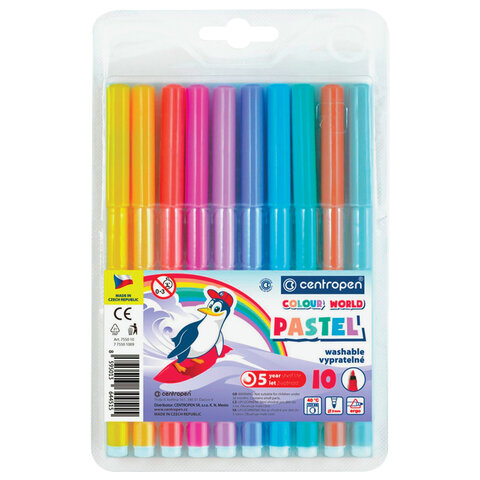 Фломастеры ПАСТЕЛЬНЫЕ 10 ЦВЕТОВ CENTROPEN "Colour World Pastel", смываемые, 7550/10TP, 152078