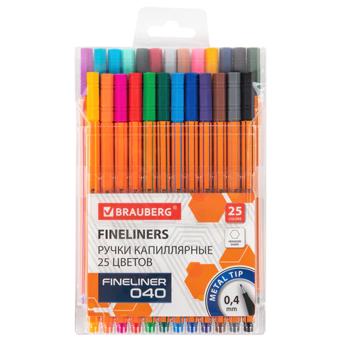 Ручки капиллярные (линеры) 25 ЦВЕТОВ, BRAUBERG "FINE 040", шестигранные, линия 0,4 мм, 144145 - МСК «Форвард»