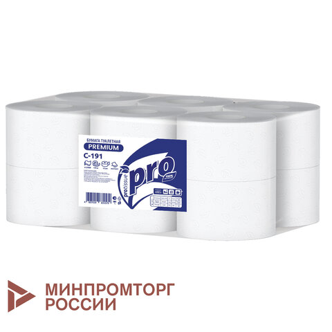 Бумага туалетная 170 метров, PROtissue (T2) PREMIUM, 2-слойная, белая, КОМПЛЕКТ 12 рулонов, С191 114329 минпромторг