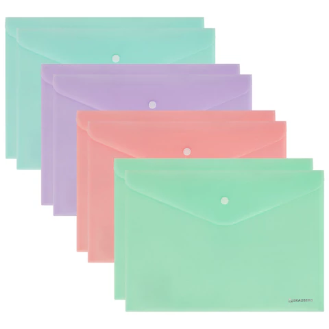 Папка-конверт с кнопкой А4, КОМПЛЕКТ 8 шт., пастельные цвета ассорти, BRAUBERG "PASTEL", 0,18 мм, 272865