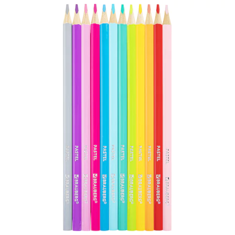 Карандаши цветные BRAUBERG PASTEL, 12 пастельных цветов, трехгранные, грифель 3 мм, натуральное дерево, 181850 - МСК «Форвард»