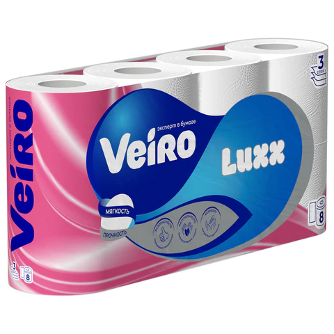 Бумага туалетная быт., спайка 8 шт., 3-х слойная, (8х17 м), VEIRO Luxoria, белая, 5с38, 128029 - МСК «Форвард»