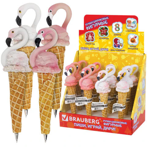 Ручка фигурная "МОРОЖЕНОЕ-ФЛАМИНГО", КОМПЛЕКТ 12ШТ СИНЯЯ, 4 дизайна ассорти, 0,5мм, дисплей, BRAUBERG, 142764