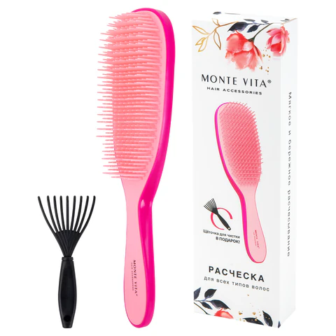 Расческа для волос массажная 22,5х6,5 см, розовая + щетка для чистки В ПОДАРОК, MONTE VITA (МОНТЕ ВИТА), 457428 - МСК «Форвард»