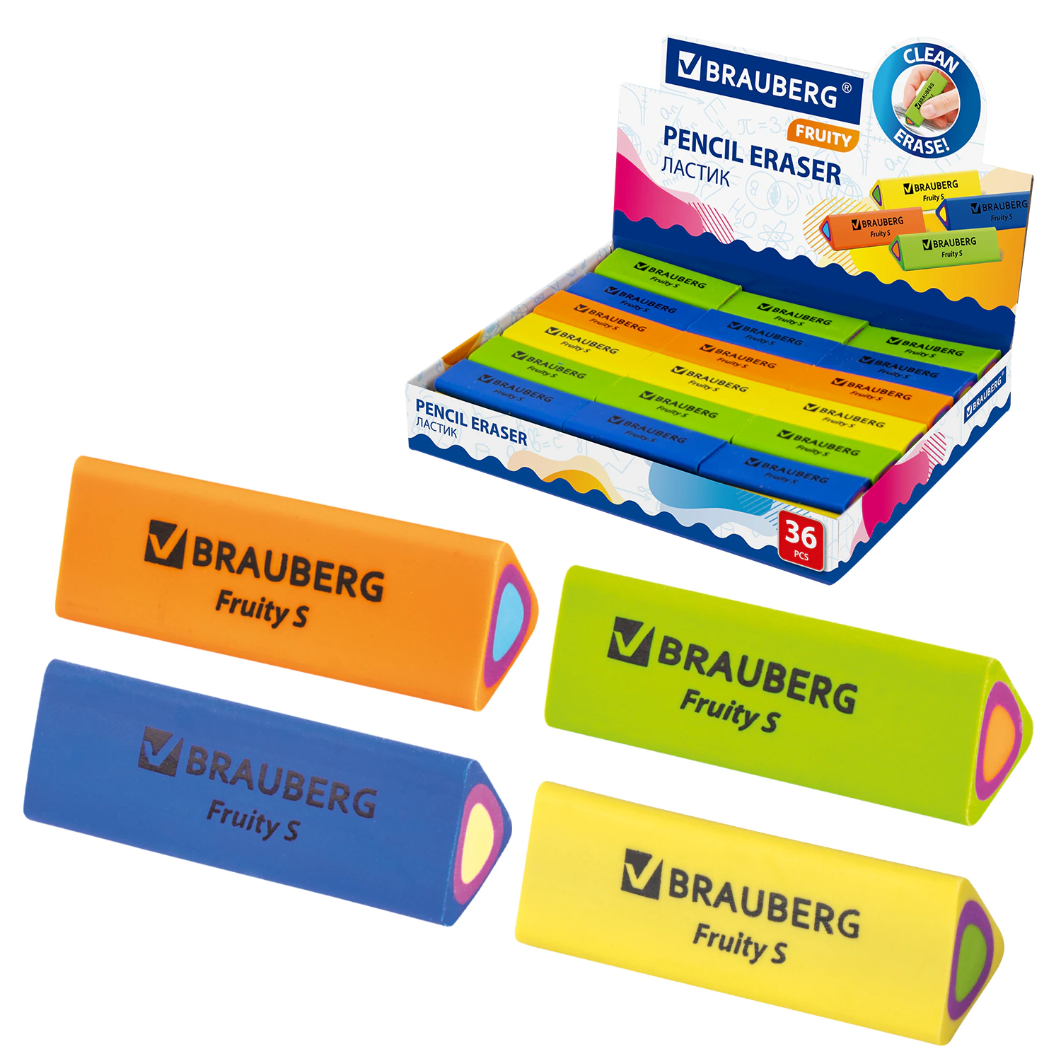 Ластик BRAUBERG "Fruity S", 44х15х15мм, цвет ассорти, треугольный, 228713